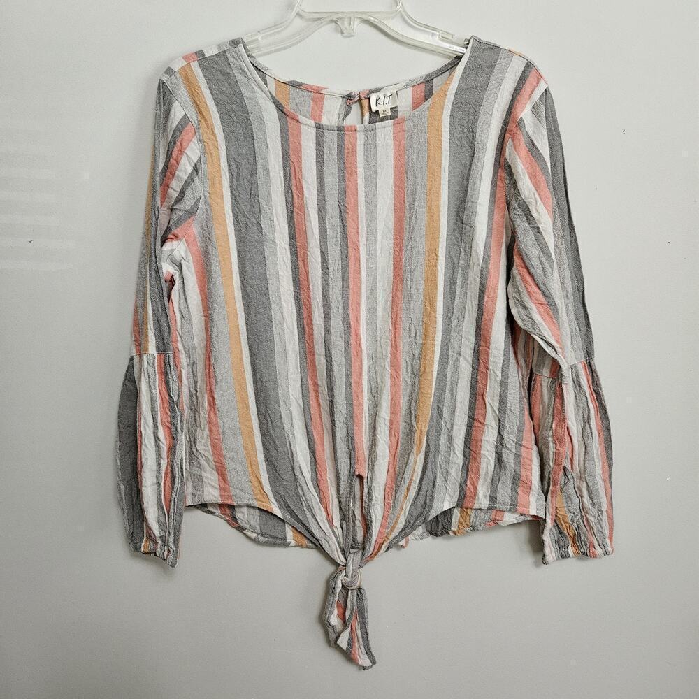 KIT Striped Tie Hem Top 100% Cotton Size M Long Sleeve Peasant style